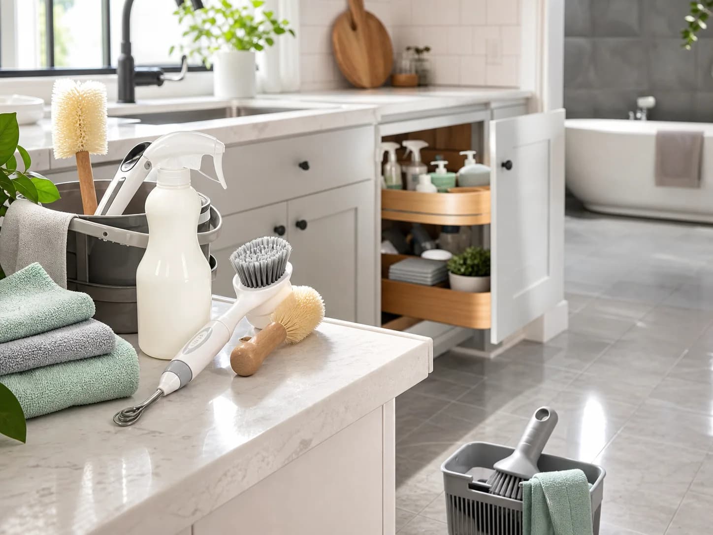 Bright residential kitchen ready for cleaning service